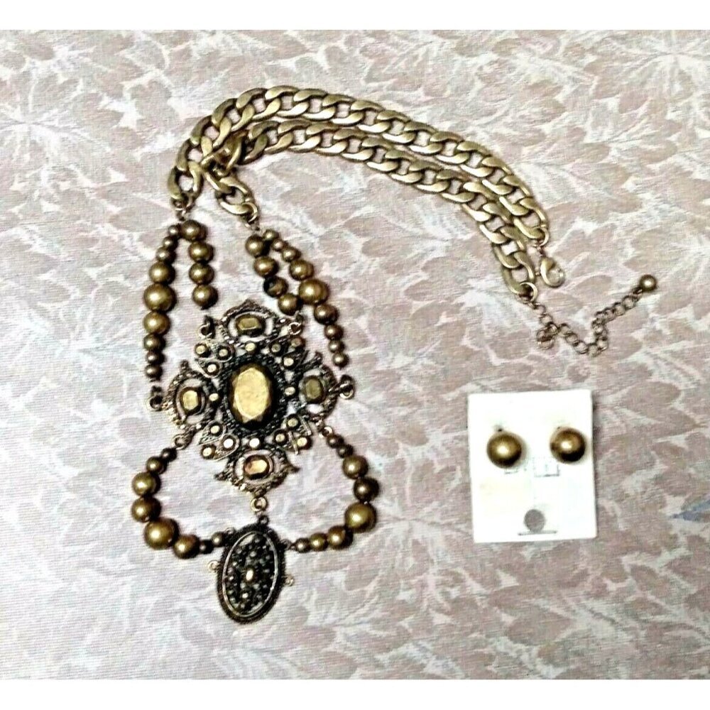 Boho Ethnic Necklace costume jewelry jewellery Brass tone metal with ear studs